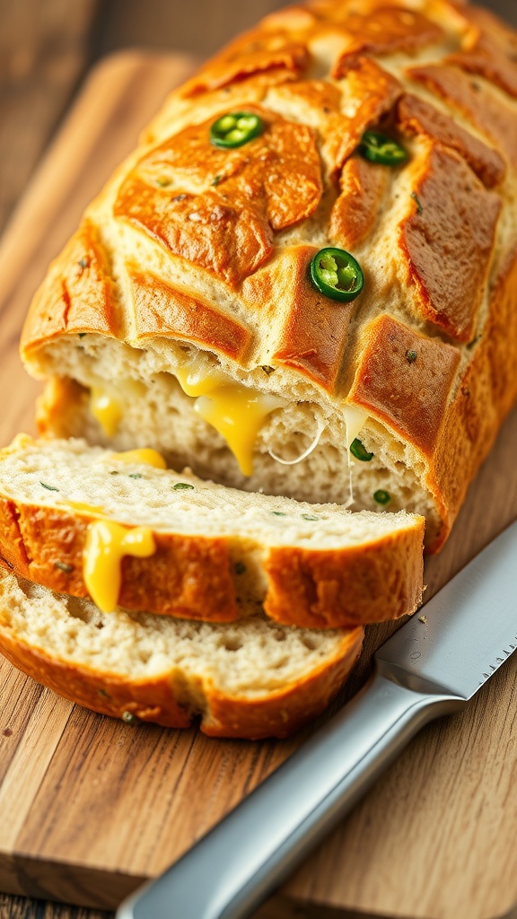 Golden crusty jalapeño cheddar sourdough bread on a wooden board, sliced to show melted cheese and jalapeños.